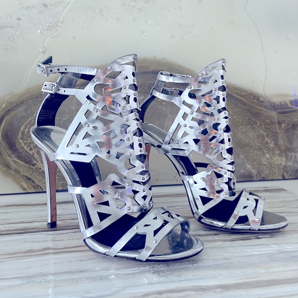 B Brian Atwood Silver Heeled Sandals Size 6